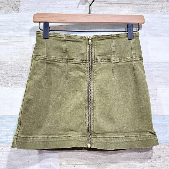 Free People Virgo Zip Front Mini Skirt Cadet Green Cotton Stretch Womens 26 - Picture 1 of 6